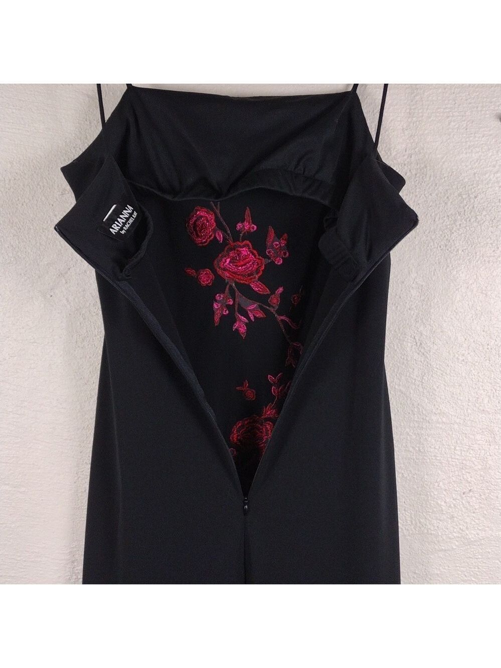 Arianna by Rachel Kaye Black Pink Embroidered Spaghetti Strap Floor Length Gown - Picture 15 of 16